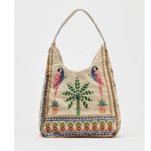 ZARA BEADED SHOPPER Bloggers Favorite Parrot Summer Tropical Shoulder Hobo Bag